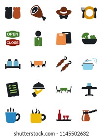 Color and black flat icon set - waiter vector, alcohol, restaurant table, cafe, coffee, salad, salt and pepper, dress code, open close, receipt, kebab, ham, cutting board, steaming pan, turkish