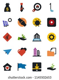 Color and black flat icon set - money bag vector, sun, heart, joint, folder document, rec button, download, tie, panel, office building, estate search, sweet home, ladle, smoke detector, flag
