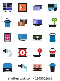 Color and black flat icon set - checkroom vector, bucket, watering, railroad, truck trailer, cargo container, consolidated, oil barrel, heavy scales, archive box, water filter