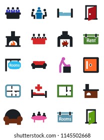 Color and black flat icon set - baby room vector, checkroom, meeting, fireplace, hospital bed, plan, rent, rooms, bedroom, cushioned furniture, door