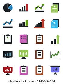 Color and black flat icon set - growth statistic vector, monitor, diagnosis, pulse clipboard, bar graph, pie, checklist, point, presentation