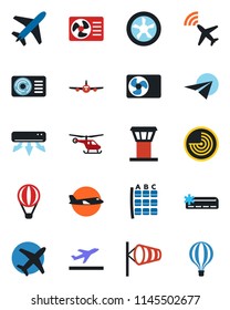 Color and black flat icon set - plane vector, airport tower, radar, departure, wind, helicopter, seat map, air conditioner, fan, paper, balloon