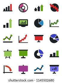 Color and black flat icon set - growth statistic vector, presentation board, crisis graph, circle chart, monitor statistics, bar, pie, point, arrow up