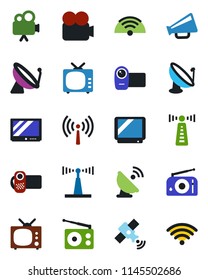 Color and black flat icon set - antenna vector, satellite, radio, loudspeaker, tv, video camera, wireless