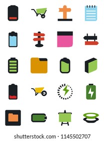 Color and black flat icon set - signpost vector, notepad, presentation board, wheelbarrow, battery, low, folder, charge, blank box, plates