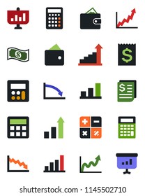 Color and black flat icon set - growth statistic vector, calculator, receipt, bar graph, wallet, crisis, cash, presentation