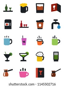 Color and black flat icon set - hot cup vector, coffee machine, water supply, alcohol, wine card, drink, cocktail, phyto bar, beer, turkish