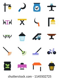 Color and black flat icon set - cafe vector, ladder car, rake, sickle, garden light, picnic table, fertilizer, bike, restaurant, outdoor lamp