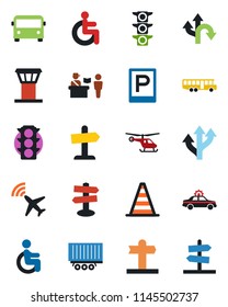 Color and black flat icon set - airport tower vector, plane radar, bus, parking, passport control, alarm car, border cone, helicopter, disabled, route, signpost, traffic light, truck trailer