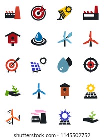 Color and black flat icon set - factory vector, bird house, target, sun panel, windmill, water, palm sproute