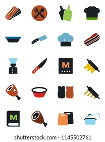 Color and black flat icon set - cook vector, cafe, hat, menu, bacon, salt and pepper, ham, bowl, rolling pin, cutting board, knife, steaming pan