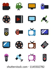 Color and black flat icon set - reel vector, satellite, tv, video camera, remote control, monitor