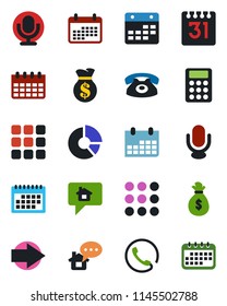 Color and black flat icon set - right arrow vector, calendar, circle chart, microphone, menu, calculator, phone, home message, money bag