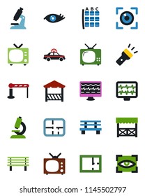 Color and black flat icon set - barrier vector, tv, alarm car, seat map, bench, monitor pulse, microscope, eye, torch, plan, alcove, scan