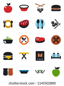 Color and black flat icon set - spoon and fork vector, picnic table, cafe, menu, salad, salt pepper, steak, hamburger, bowl, sushi, apple fruit