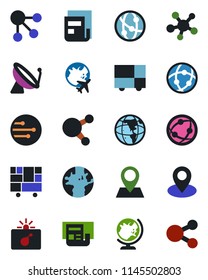 Color and black flat icon set - satellite antenna vector, bomb in case, globe, plane, earth, pin, consolidated cargo, network, share, news, social media