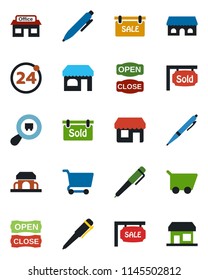 Color and black flat icon set - 24 around vector, shop, pen, store, search cargo, sale, sold signboard, cafe building, open close, cart, storefront
