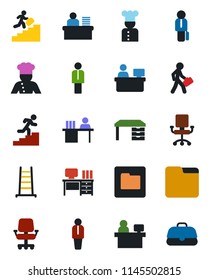 Color and black flat icon set - manager vector, desk, place, ladder, folder, career, cook, office chair, case