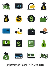 Color and black flat icon set - credit card vector, ticket office, dollar sign, money bag, statistic monitor, cash, receipt, wallet, investment