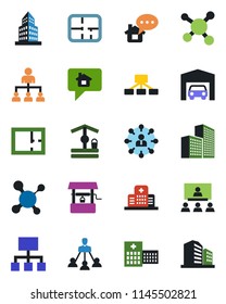 Color and black flat icon set - hierarchy vector, well, molecule, hospital, office building, garage, plan, home message