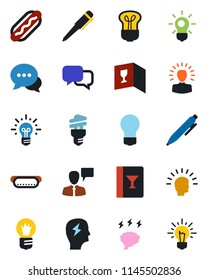 Color and black flat icon set - speaking man vector, pen, brainstorm, bulb, dialog, wine card, hot dog, energy saving, shining head, idea