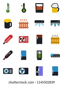 Color and black flat icon set - thermometer vector, heater, air conditioner, fridge, drink, beer