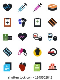 Color and black flat icon set - heart pulse vector, diagnosis, syringe, blood pressure, pills, blister, tomography, real, clipboard, hospital