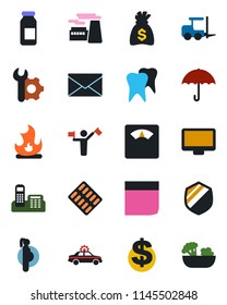 Color and black flat icon set - dispatcher vector, alarm car, fork loader, mail, dollar sign, money bag, factory, fire, scales, pills blister, ampoule, tooth, pregnancy, umbrella, shield, monitor
