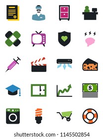 Color and black flat icon set - graduate vector, brainstorm, manager place, wheelbarrow, syringe, patch, heart shield, doctor, clapboard, tv, archive box, contract, plan, air conditioner, cheese