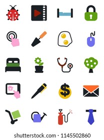 Color and black flat icon set - mail vector, dollar sign, mouse, pen, trowel, watering can, lady bug, garden sprayer, stethoscope, cargo, touch screen, video, fruit tree, lock, bedroom, omelette