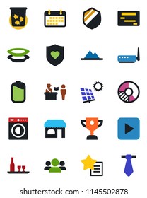 Color and black flat icon set - passport control vector, trash bin, shop, circle chart, heart shield, term, favorites list, play button, battery, sun panel, mountains, washer, alcohol, plates, group