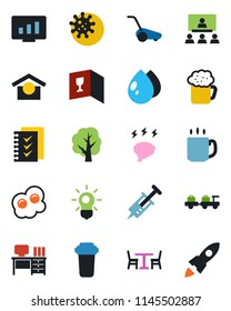 Color and black flat icon set - cafe vector, baggage larry, desk, brainstorm, statistic monitor, tree, lawn mower, water drop, syringe, virus, warehouse storage, coffee, checklist, hierarchy, beer
