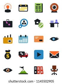 Color and black flat icon set - suitcase vector, mail, calendar, eye, term, play button, manager desk, paper binder, contract, moving, estate insurance, web camera, consumer search, shining head