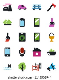 Color and black flat icon set - factory vector, tree, house, axe, bench, film frame, microphone, cell phone, speaker, battery, mobile, themes, pool, salad, egg stand, serviette, car, advertising