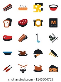Color and black flat icon set - cafe vector, menu, bacon, waiter, bread, chicken, steak, kebab, ladle, bowl, rolling pin, sushi, cheese