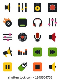 Color and black flat icon set - vinyl vector, flame disk, speaker, loudspeaker, settings, equalizer, microphone, headphones, pause button, stop, fast forward, rewind, rca, hdmi, tuning, record