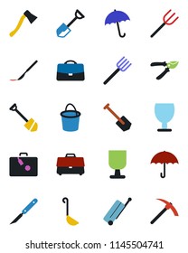 Color and black flat icon set - suitcase vector, umbrella, job, shovel, farm fork, bucket, pruner, axe, scalpel, fragile, case, ladle, hard work