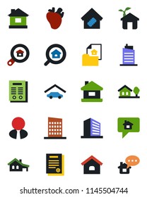 Color and black flat icon set - office building vector, house, real heart, contract, with garage, tree, estate document, search, agent, smart home, city, eco, message
