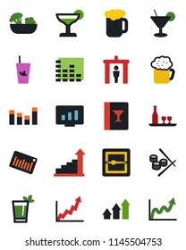 Color and black flat icon set - security gate vector, growth statistic, monitor, barcode, equalizer, scanner, alcohol, wine card, cocktail, phyto bar, beer, salad, sushi, arrow up graph