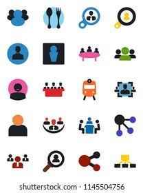 Color and black flat icon set - spoon and fork vector, train, male, team, meeting, patient, group, user, company, hr, client search, consumer, social media, hierarchy