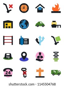 Color and black flat icon set - route vector, signpost, earth, pin, traffic light, office phone, 24 hours, client, car delivery, clock, sea port, cargo, warehouse storage, no trolley, hook, heavy