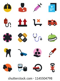 Color and black flat icon set - lawn mower vector, diagnosis, stethoscope, syringe, blood pressure, dropper, patch, tomography, ambulance star, car, lungs, caries, broken bone, diet, doctor, client