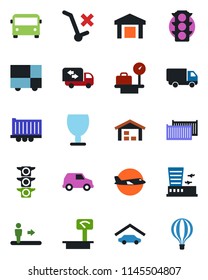 Color and black flat icon set - airport bus vector, escalator, plane, luggage scales, building, traffic light, truck trailer, cargo container, car delivery, consolidated, fragile, no trolley, heavy
