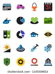 Color and black flat icon set - book vector, circle chart, sun, heart, syringe, term, protect, calendar, brightness, eye id, pie graph, house with garage, pond, egg stand, snowflake, water, car