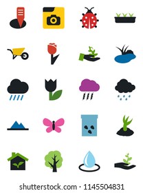 Color and black flat icon set - storm cloud vector, tree, wheelbarrow, sproute, butterfly, lady bug, seedling, water drop, rain, plant label, seeds, pond, tulip, photo gallery, mountains, eco house