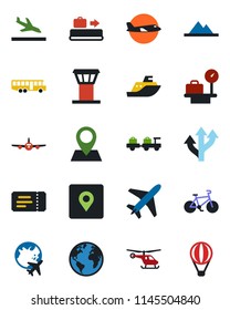 Color and black flat icon set - plane vector, airport tower, arrival, baggage conveyor, bus, ticket, larry, helicopter, luggage scales, globe, bike, route, earth, pin, sea shipping, place tag