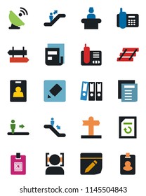 Color and black flat icon set - escalator vector, signpost, reception, document, reload, office phone, satellite antenna, radio, notes, face id, news, identity card, paper binder, tray, pass