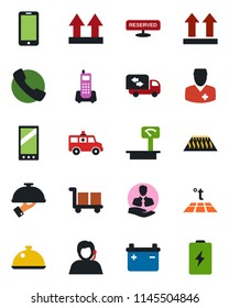 Color and black flat icon set - mobile phone vector, ambulance car, doctor, office, support, client, cargo, up side sign, heavy scales, call, moving, dish, reserved, waiter, warm floor, battery