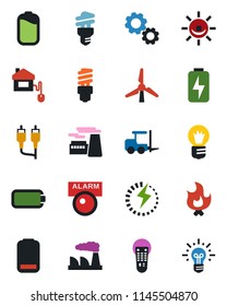 Color and black flat icon set - fork loader vector, bulb, factory, fire, remote control, low battery, rca, charge, windmill, home, energy saving, alarm led, gear, idea