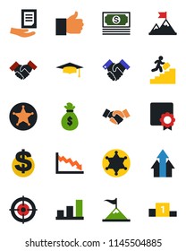 Color and black flat icon set - handshake vector, dollar sign, graduate, document, cash, finger up, sertificate, bar graph, target, career ladder, police, arrow, motivation, money bag, crisis